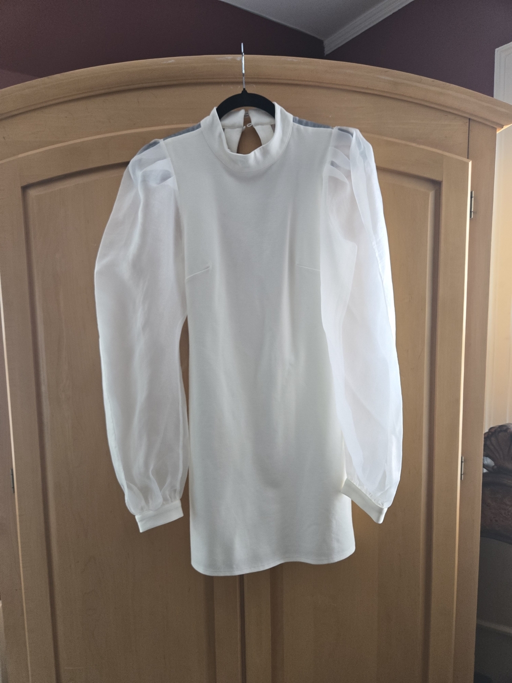 NBD White Mock Neck Long Sleeve Puff-Sleeve Mini Dress